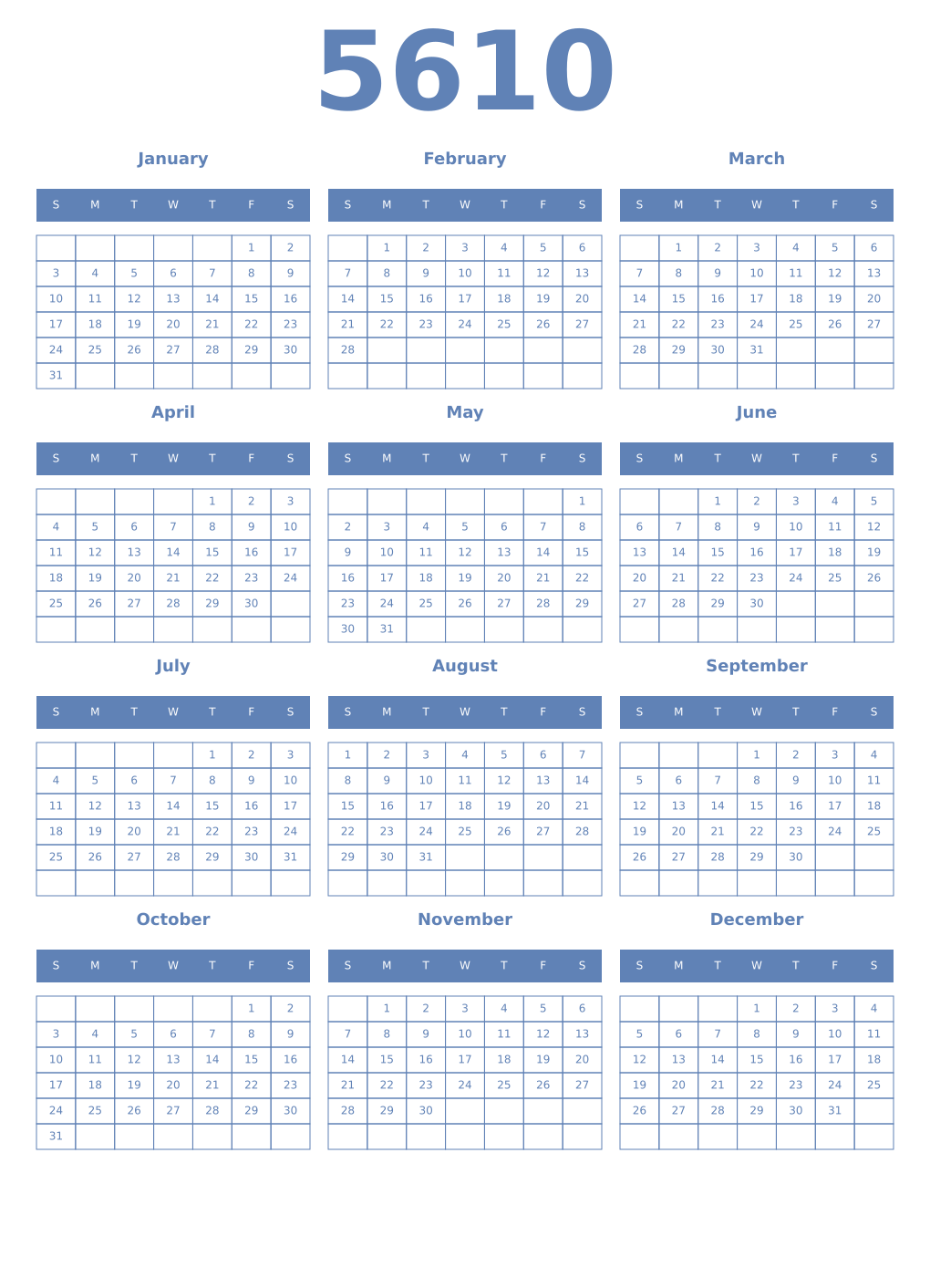 Printable 5610 Year Calendars glaucous