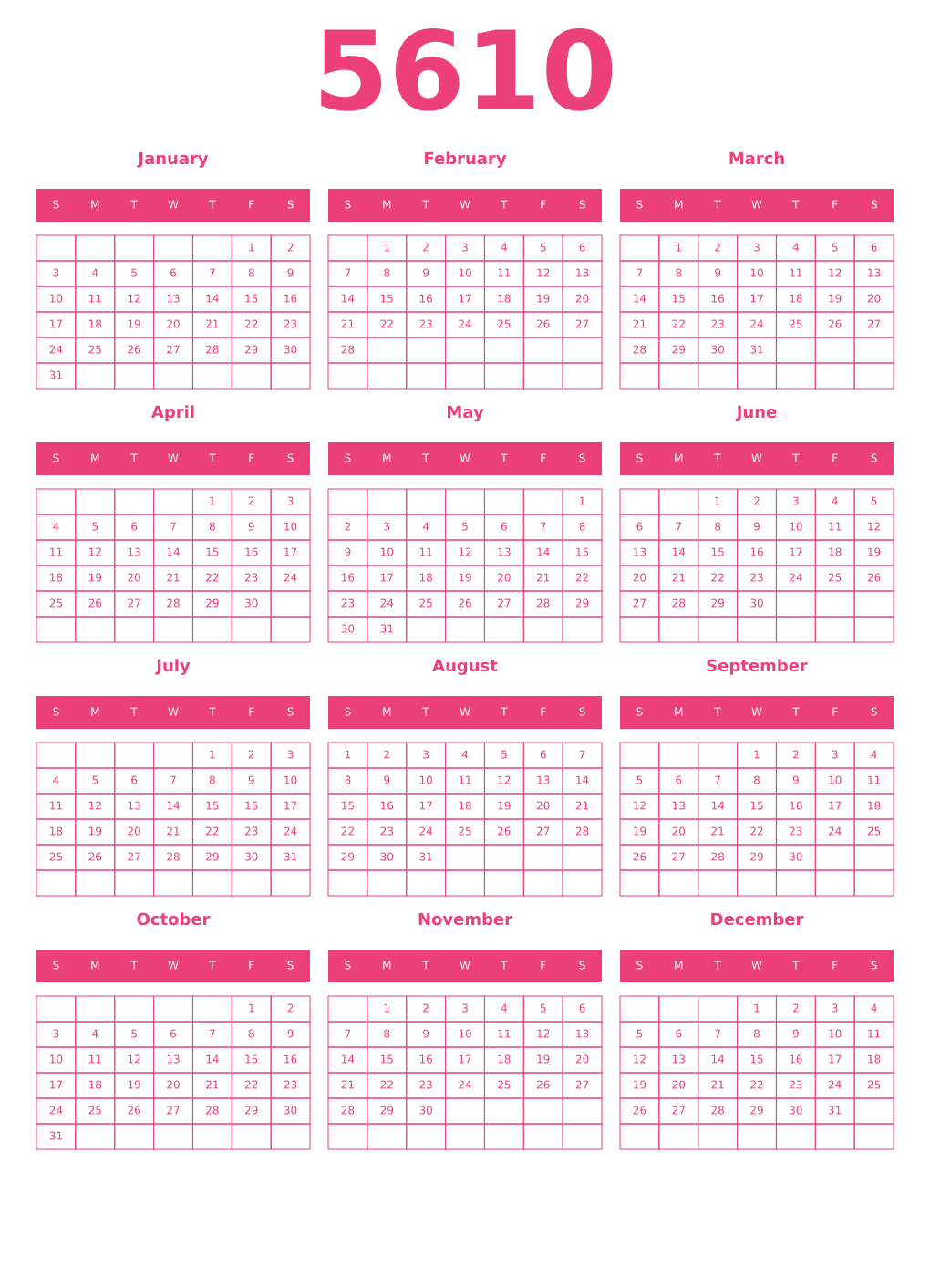 Printable 5610 Year Calendars pink