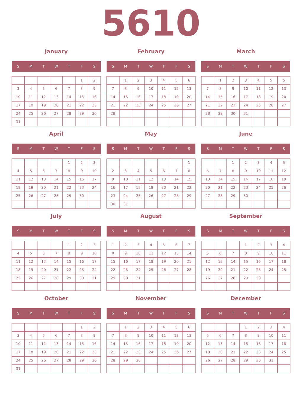 Printable 5610 Year Calendars puce