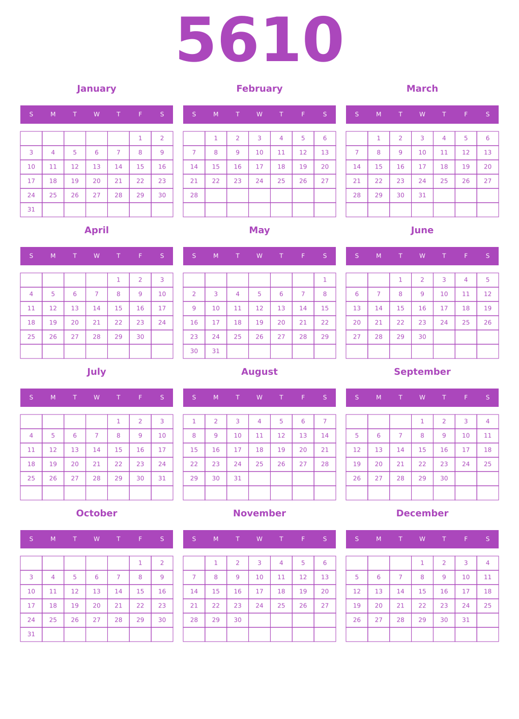 Printable 5610 Year Calendars purple