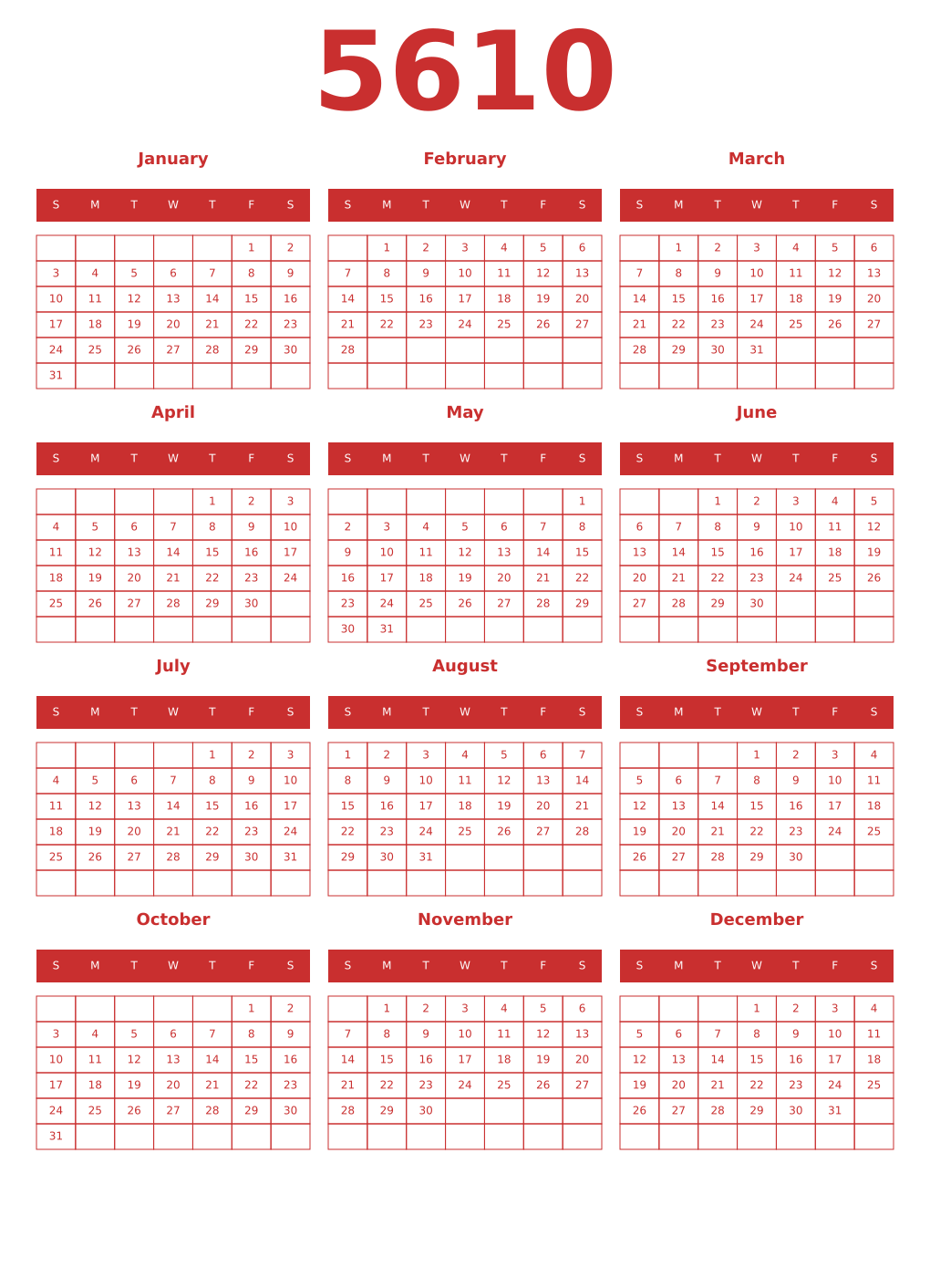 Printable 5610 Year Calendars red