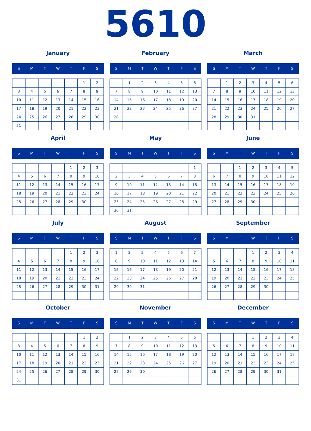 Printable 5610 Year Calendars smalt