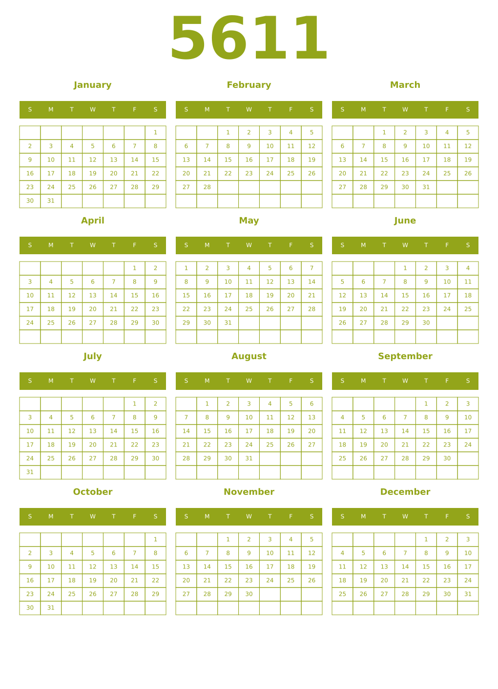 Printable 5611 Year Calendars chartreuse