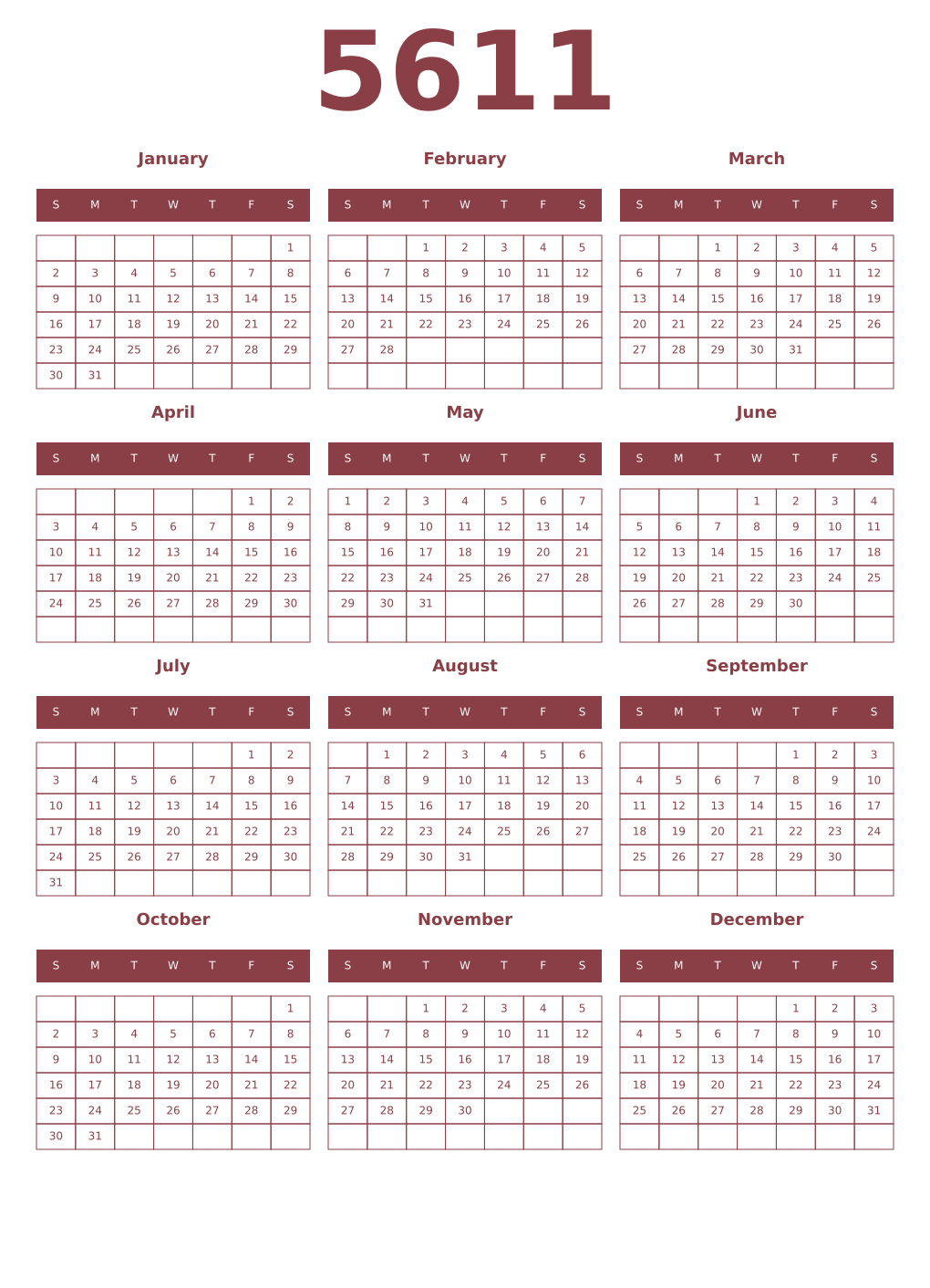 Printable 5611 Year Calendars cordovan