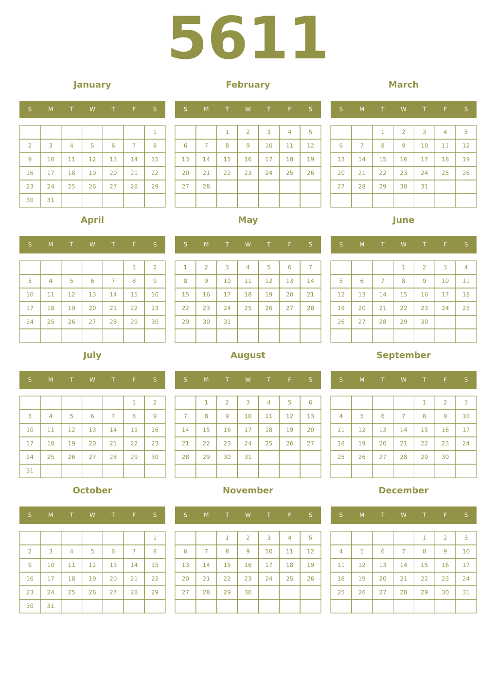 Printable 5611 Year Calendars eburnean