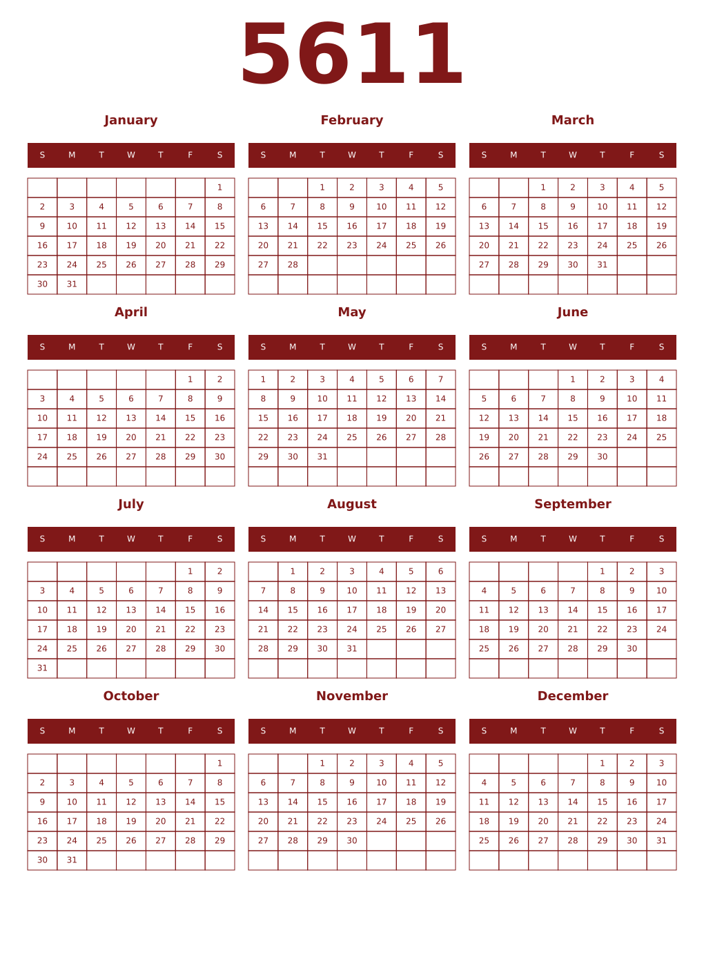 Printable 5611 Year Calendars falu