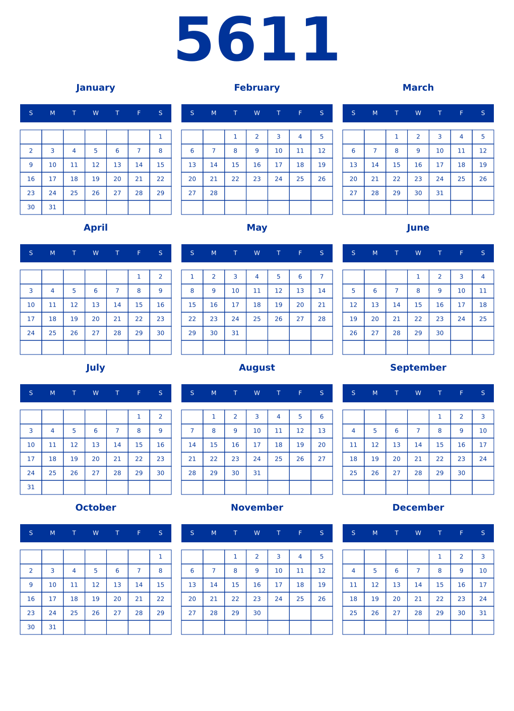 Printable 5611 Year Calendars smalt