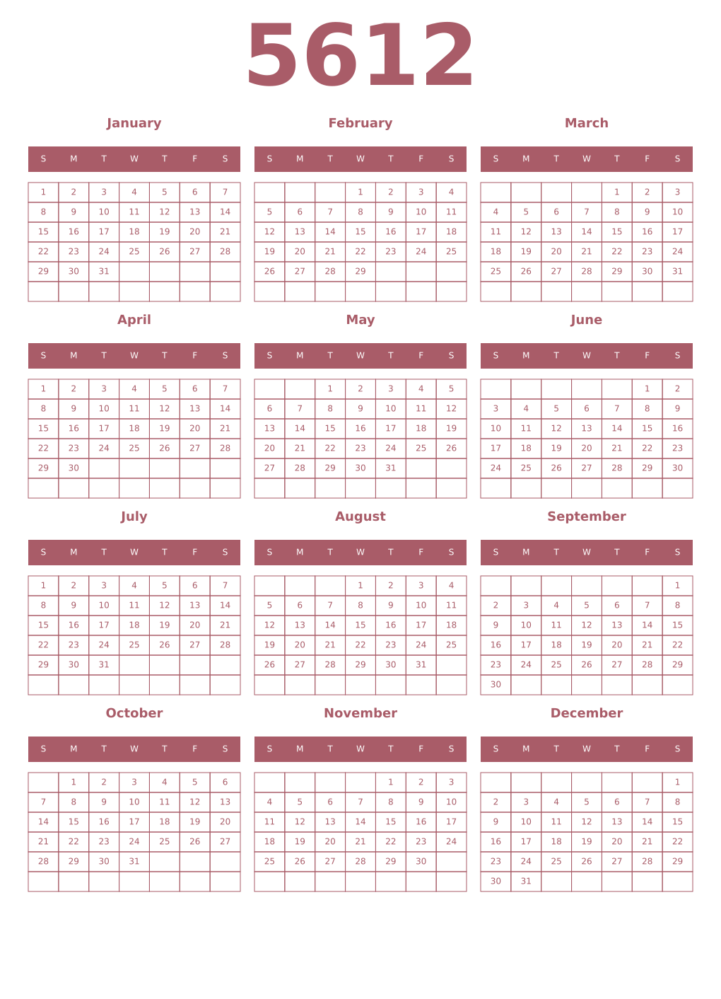 Printable 5612 Year Calendars puce