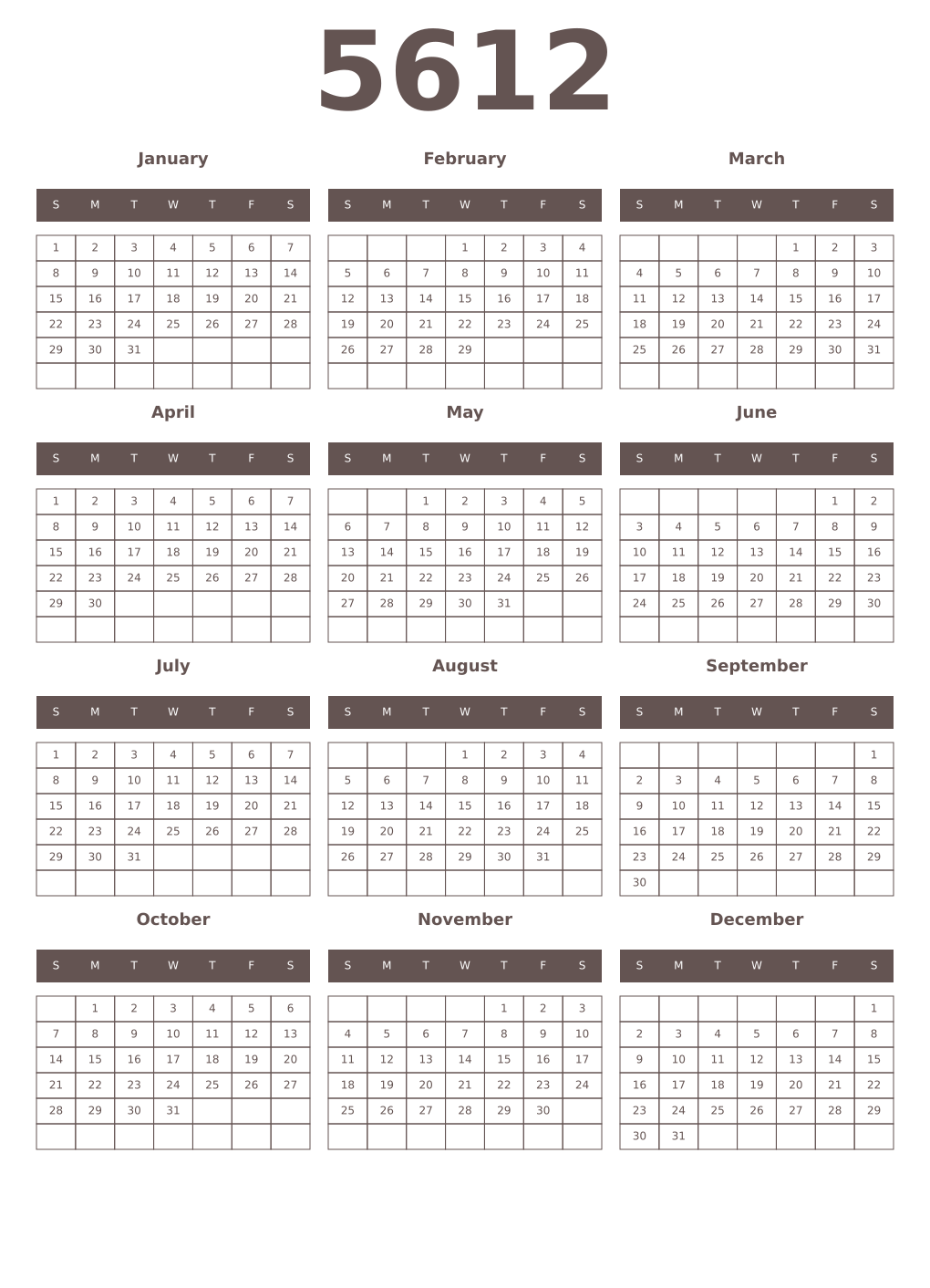 Printable 5612 Year Calendars wenge