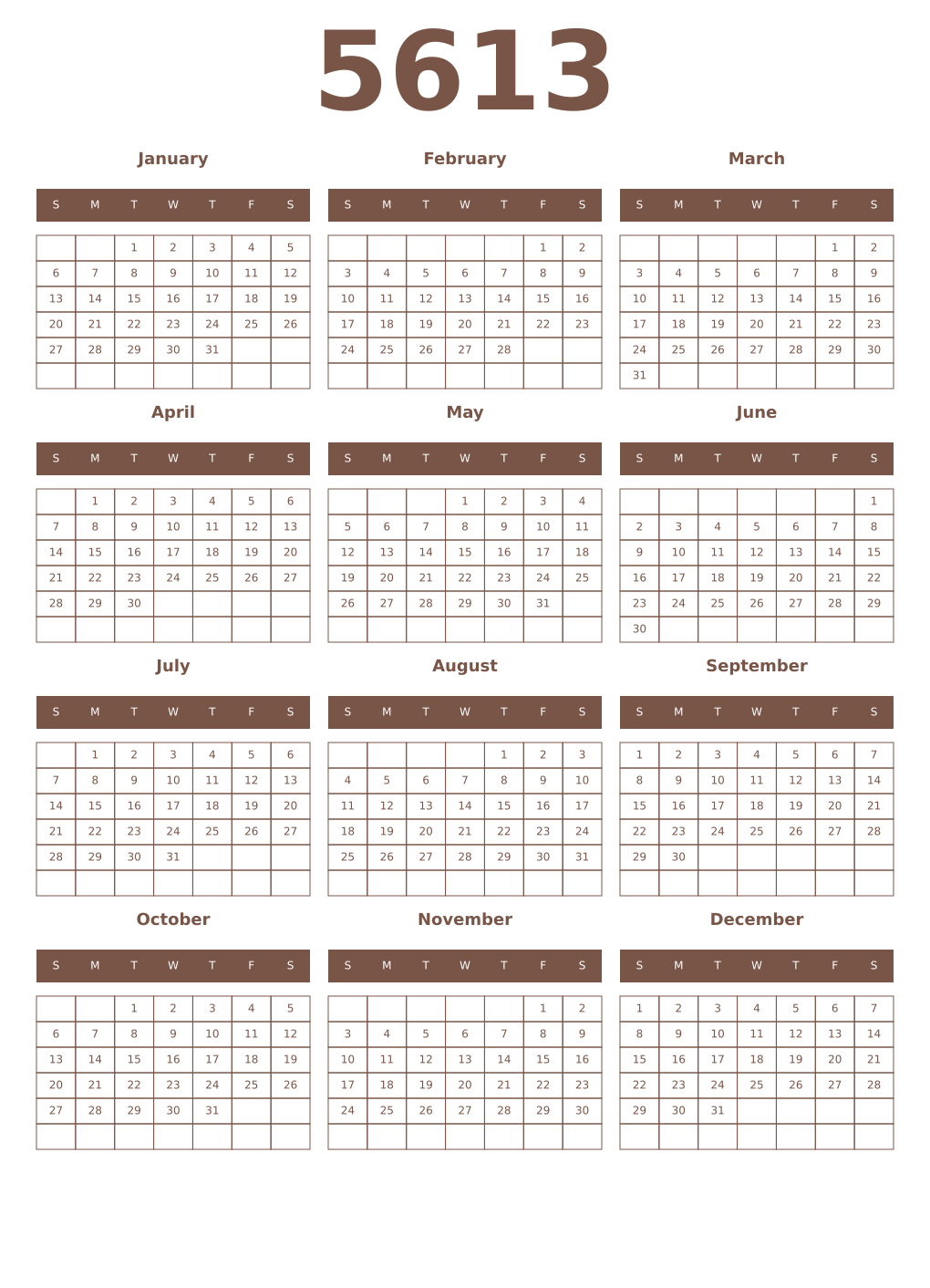 Printable 5613 Year Calendars coffe