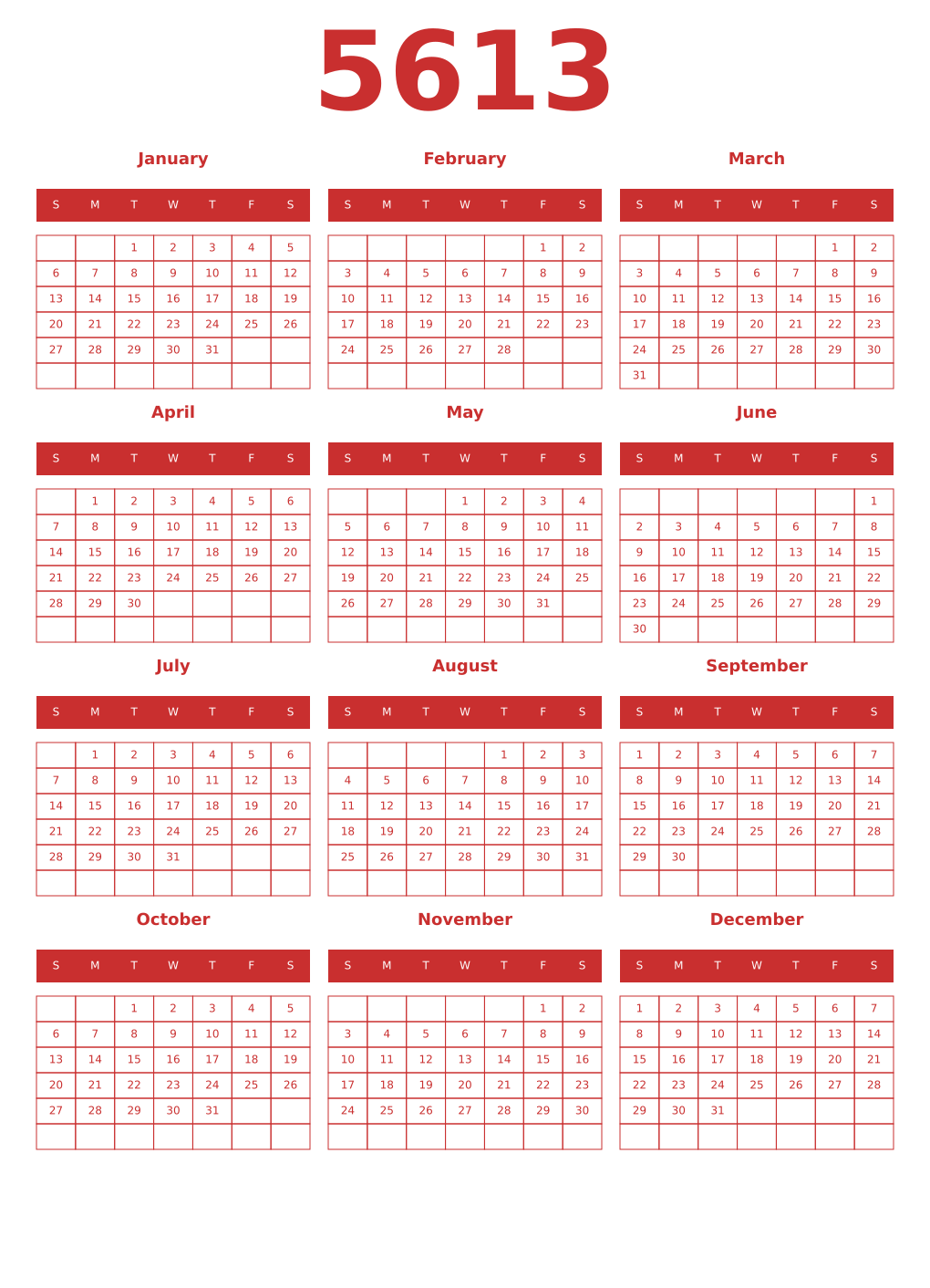 Printable 5613 Year Calendars red