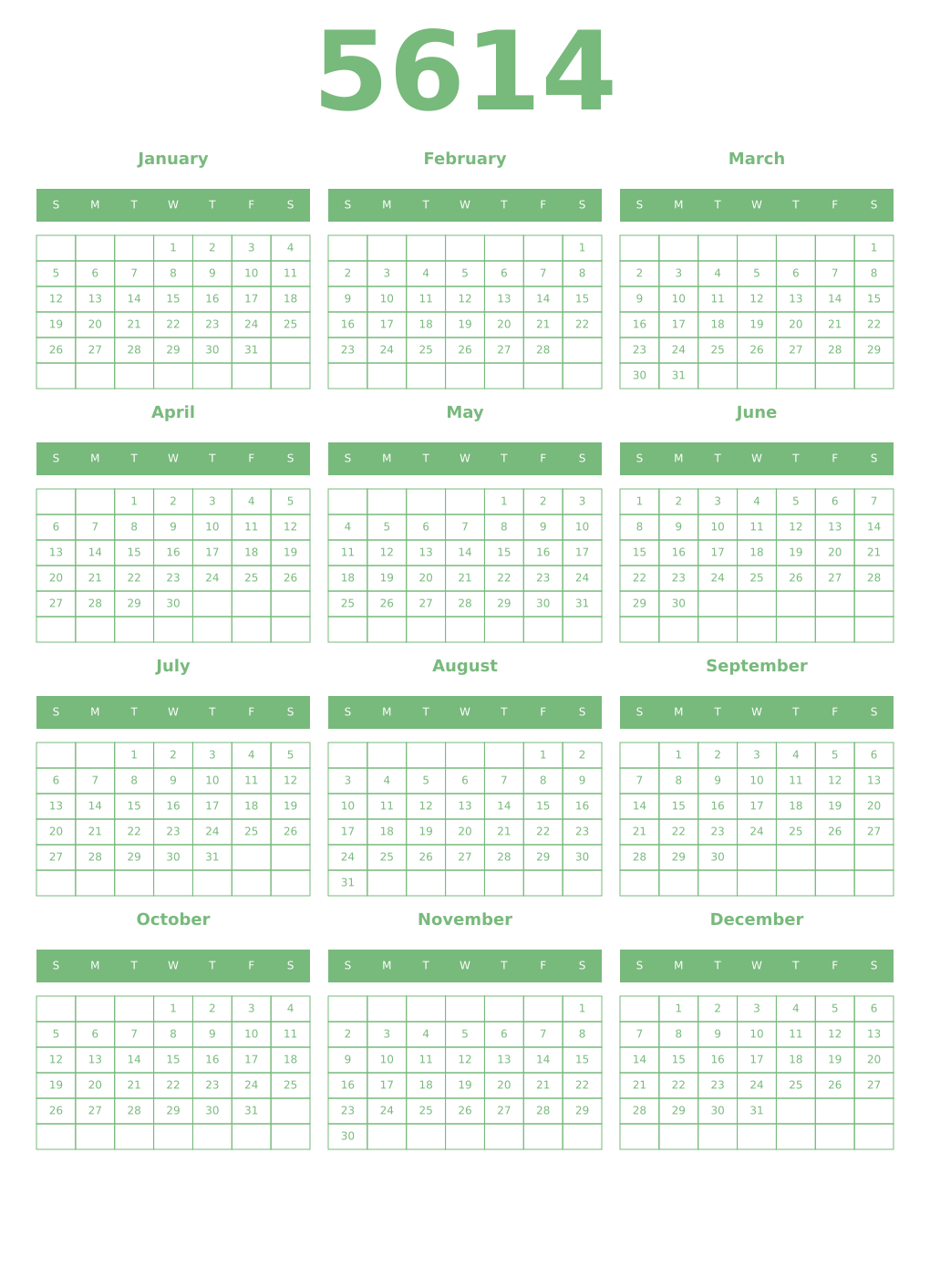 Printable 5614 Year Calendars celadon