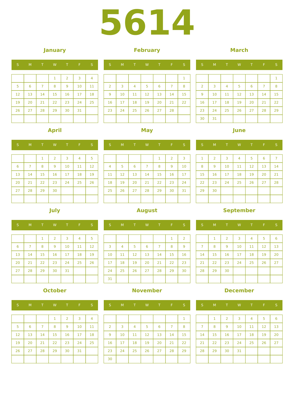Printable 5614 Year Calendars chartreuse