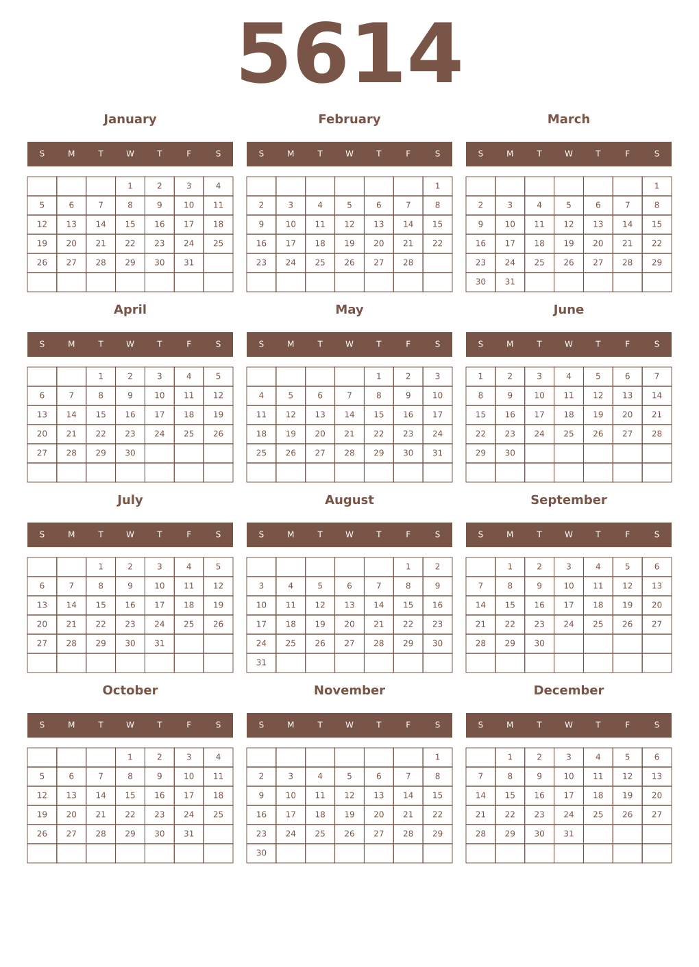 Printable 5614 Year Calendars coffe