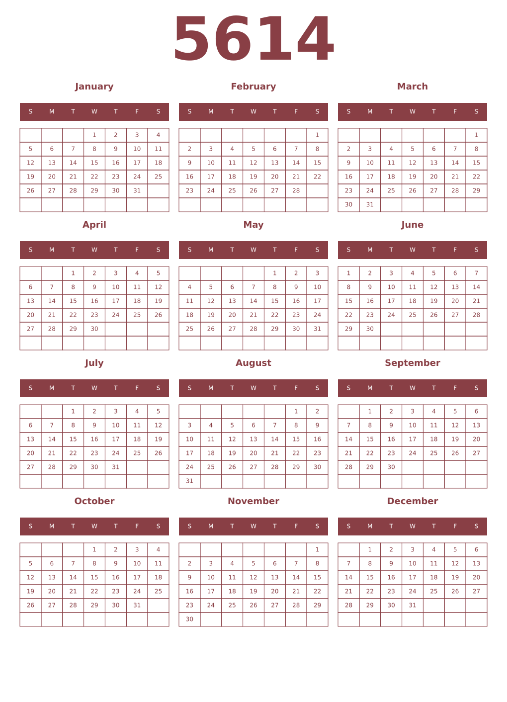 Printable 5614 Year Calendars cordovan