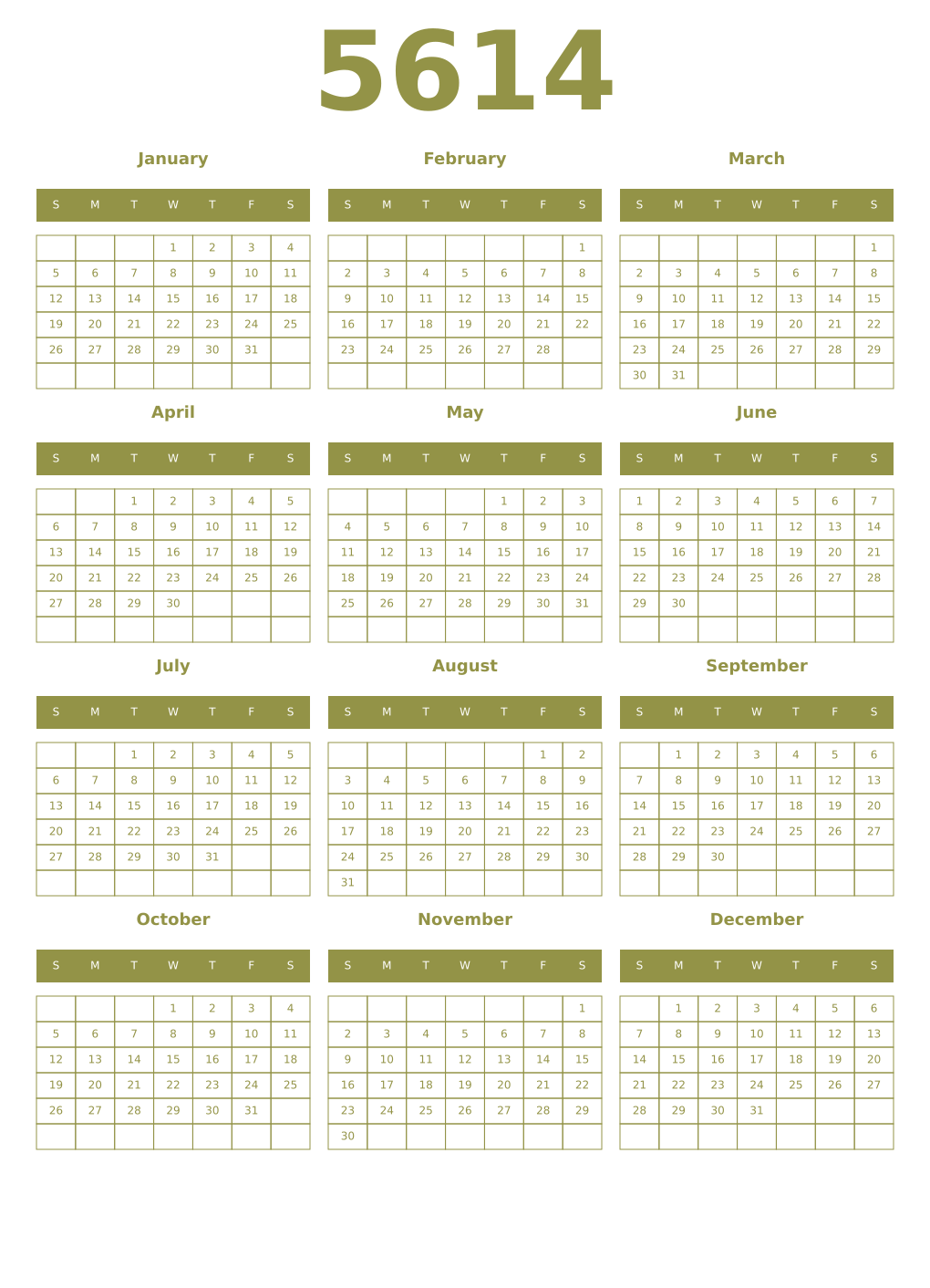 Printable 5614 Year Calendars eburnean