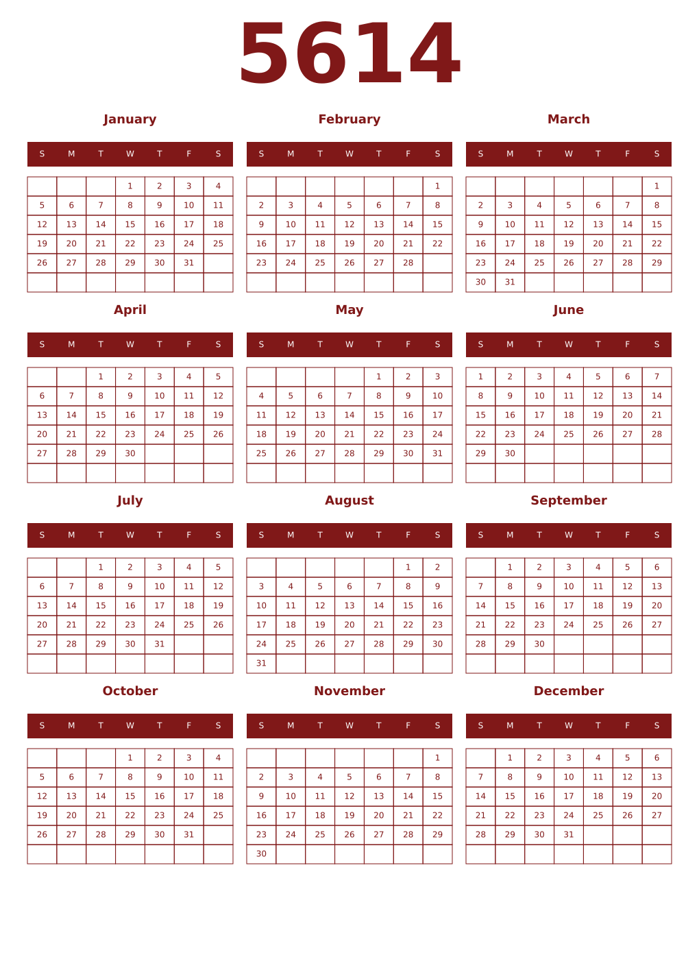Printable 5614 Year Calendars falu