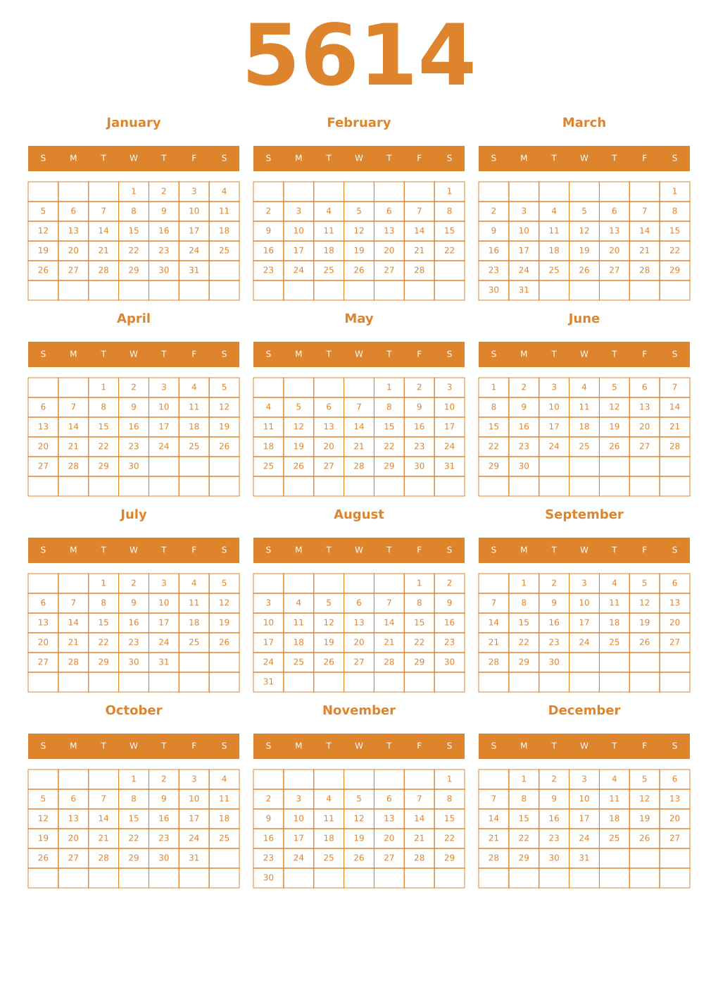 Printable 5614 Year Calendars orange