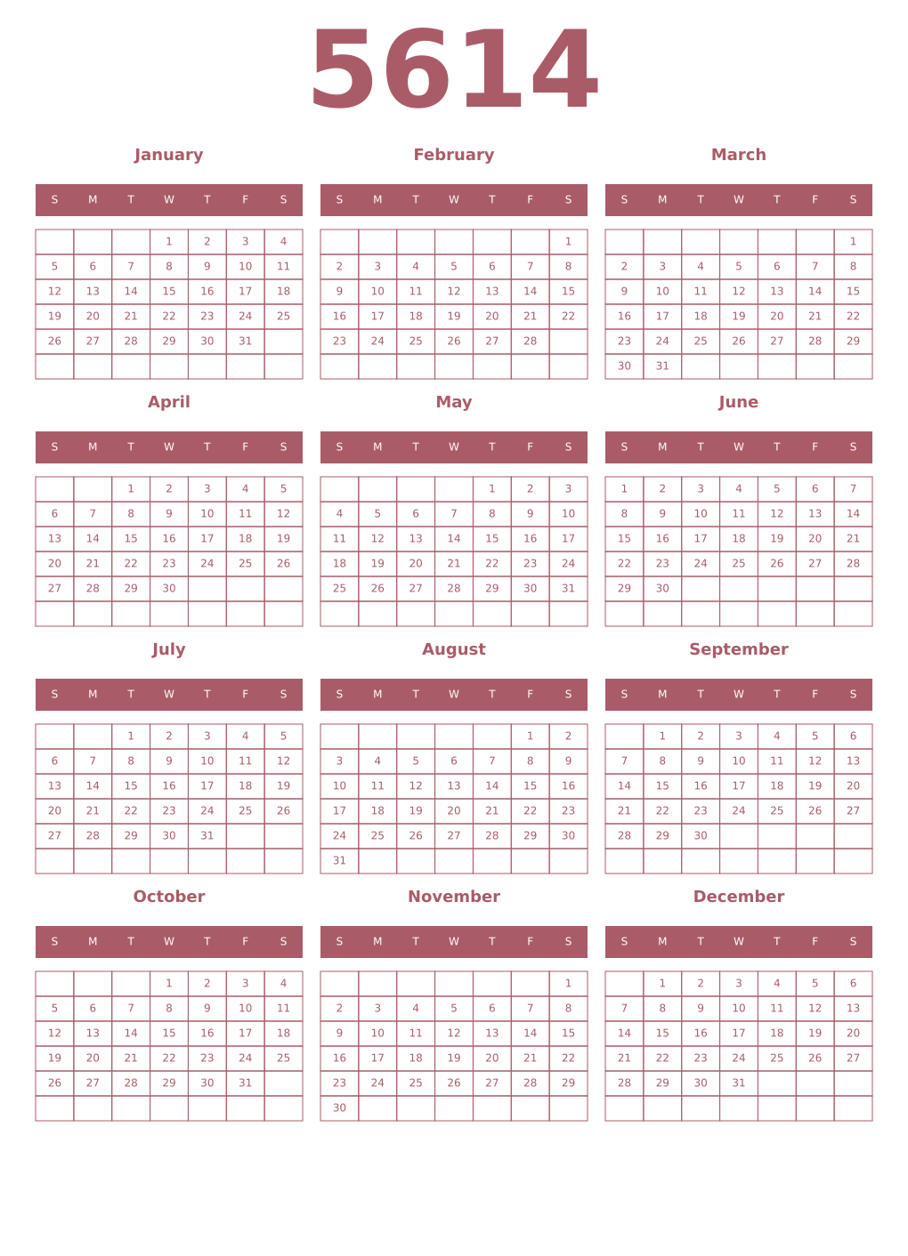 Printable 5614 Year Calendars puce
