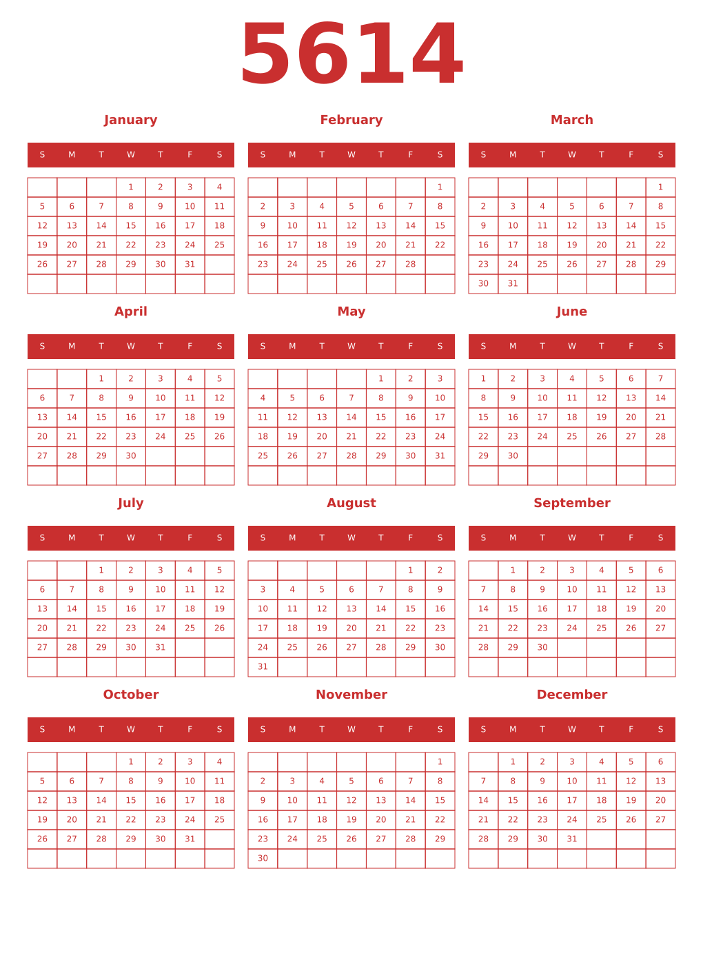Printable 5614 Year Calendars red