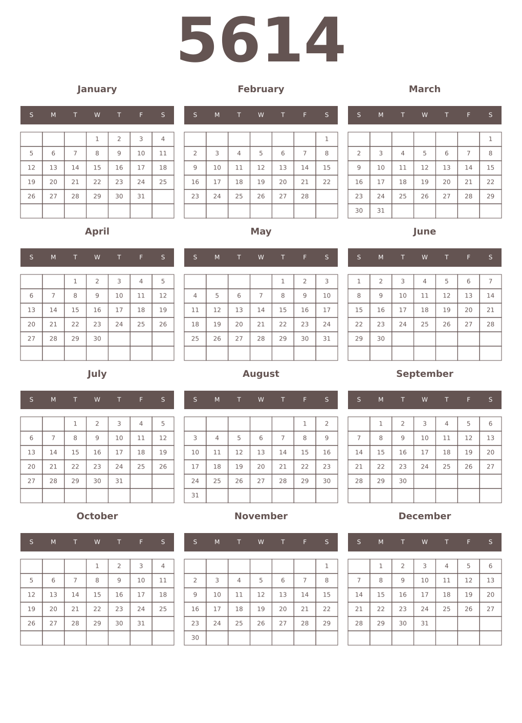 Printable 5614 Year Calendars wenge
