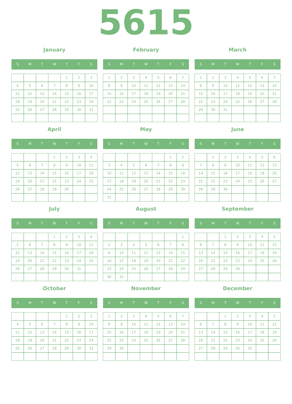 Printable 5615 Year Calendars celadon