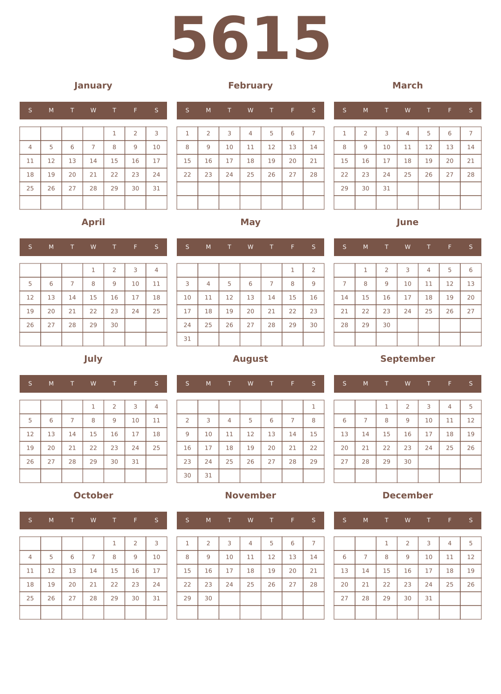 Printable 5615 Year Calendars coffe