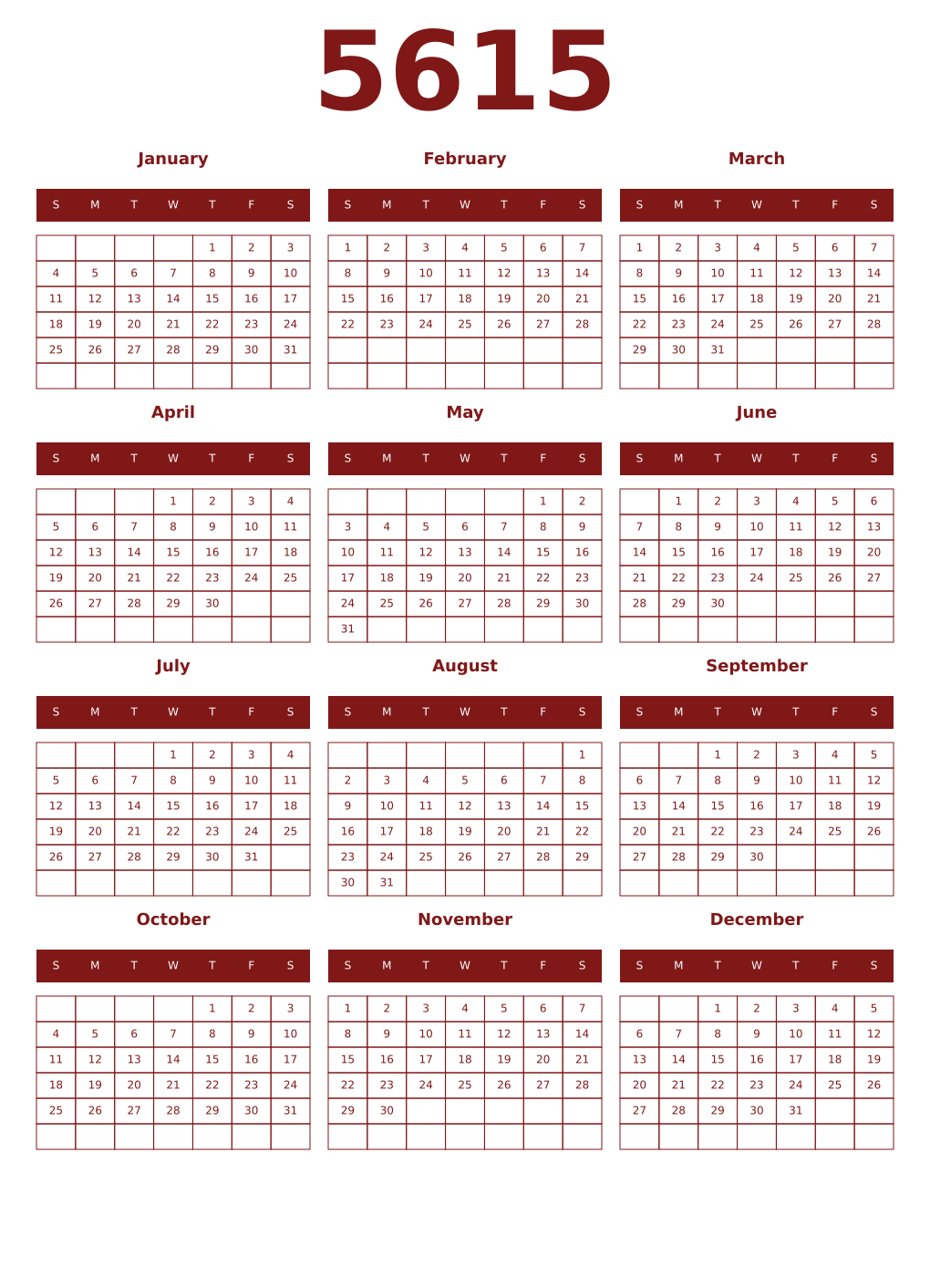 Printable 5615 Year Calendars falu