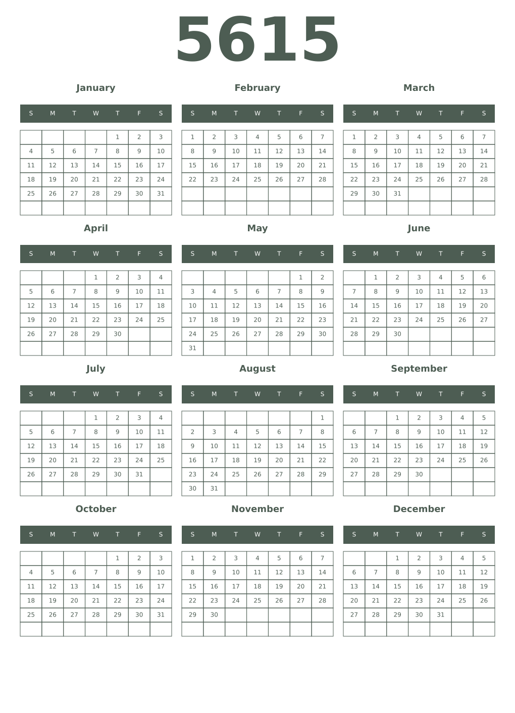 Printable 5615 Year Calendars feldgrau