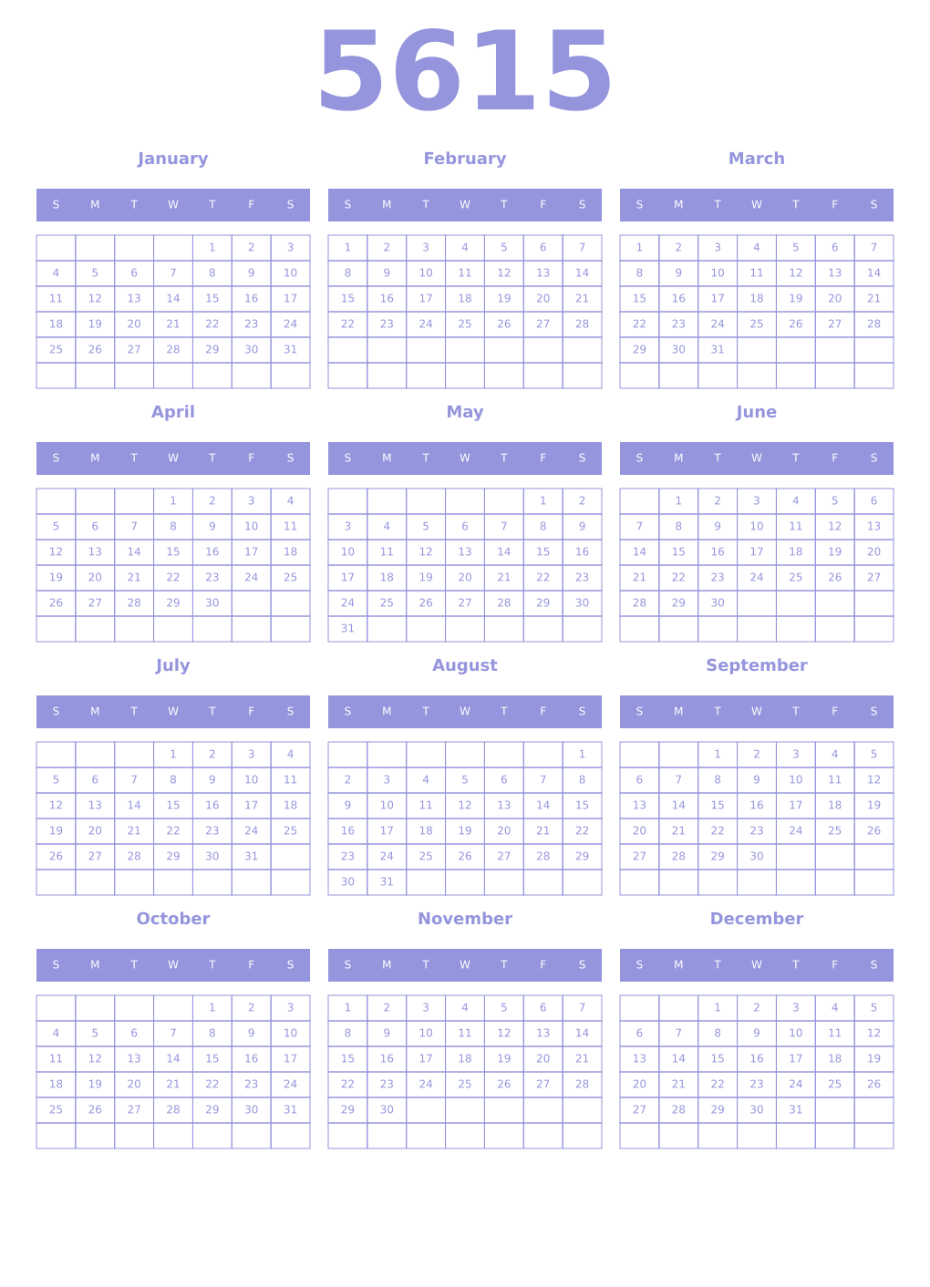 Printable 5615 Year Calendars periwinkle