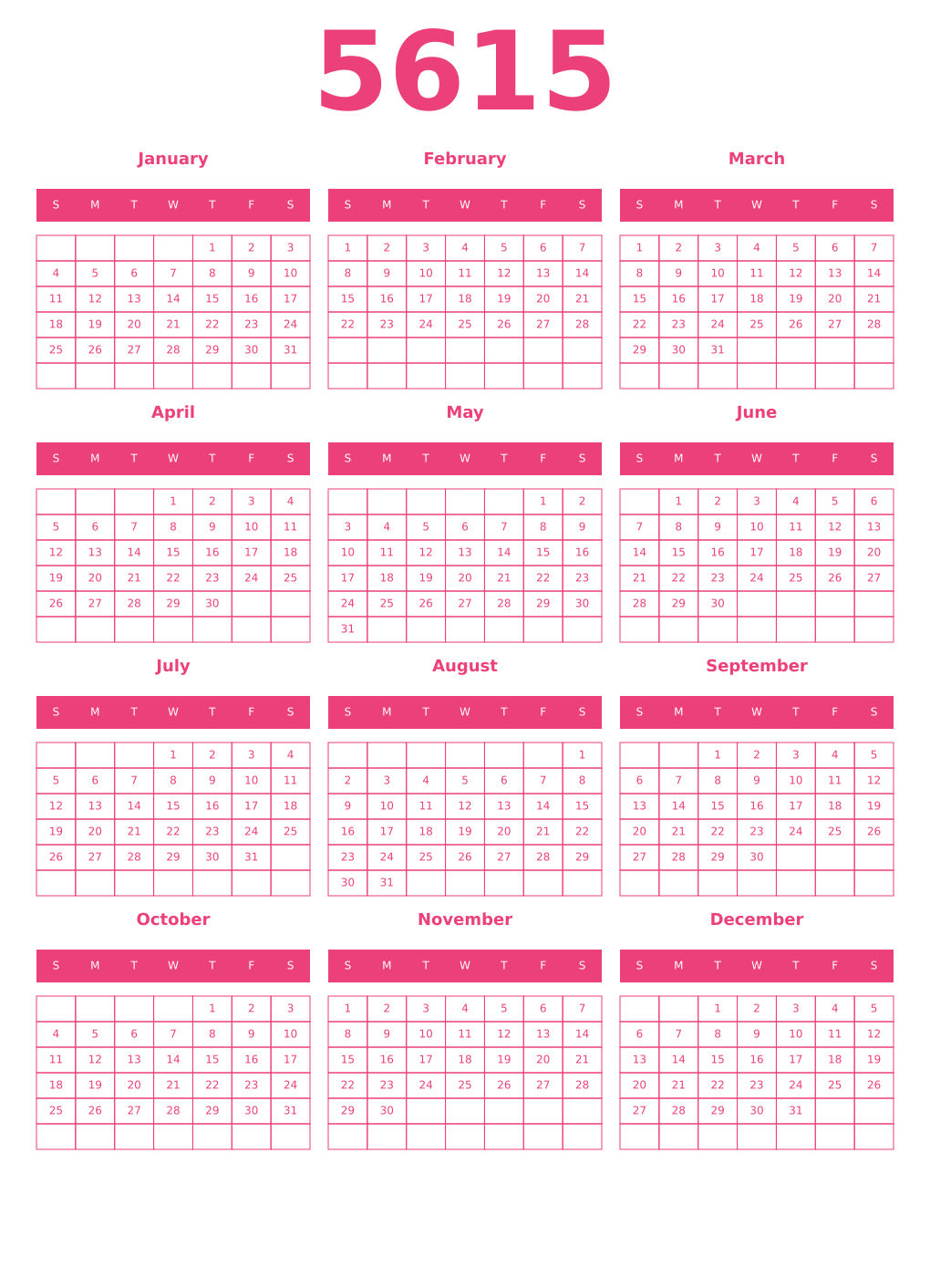 Printable 5615 Year Calendars pink