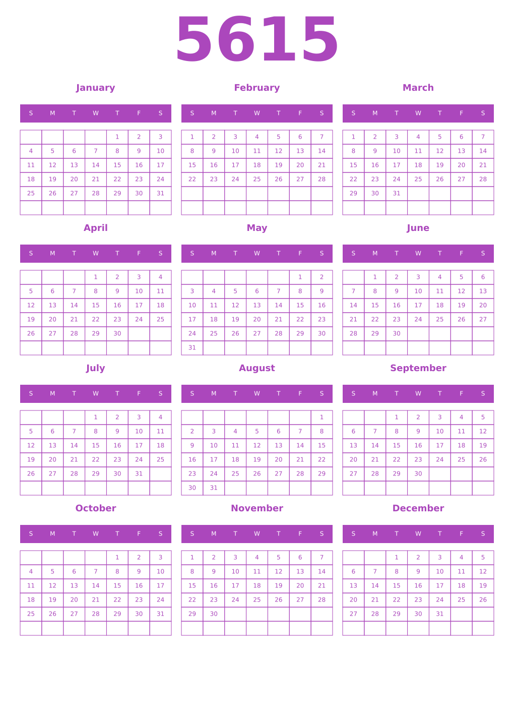 Printable 5615 Year Calendars purple