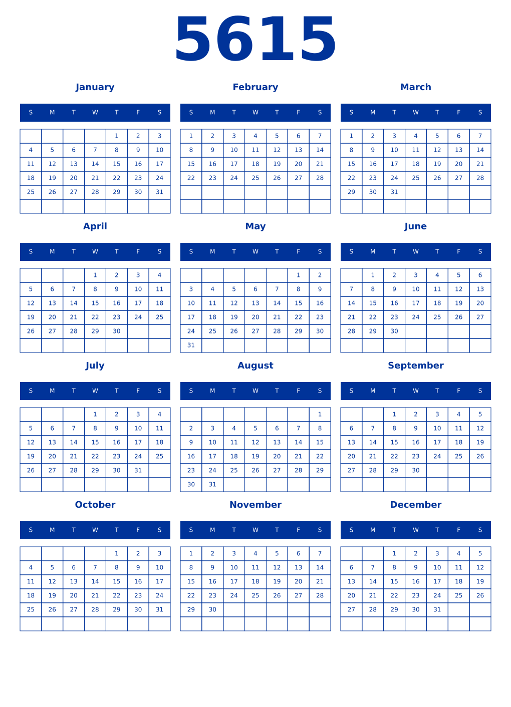 Printable 5615 Year Calendars smalt
