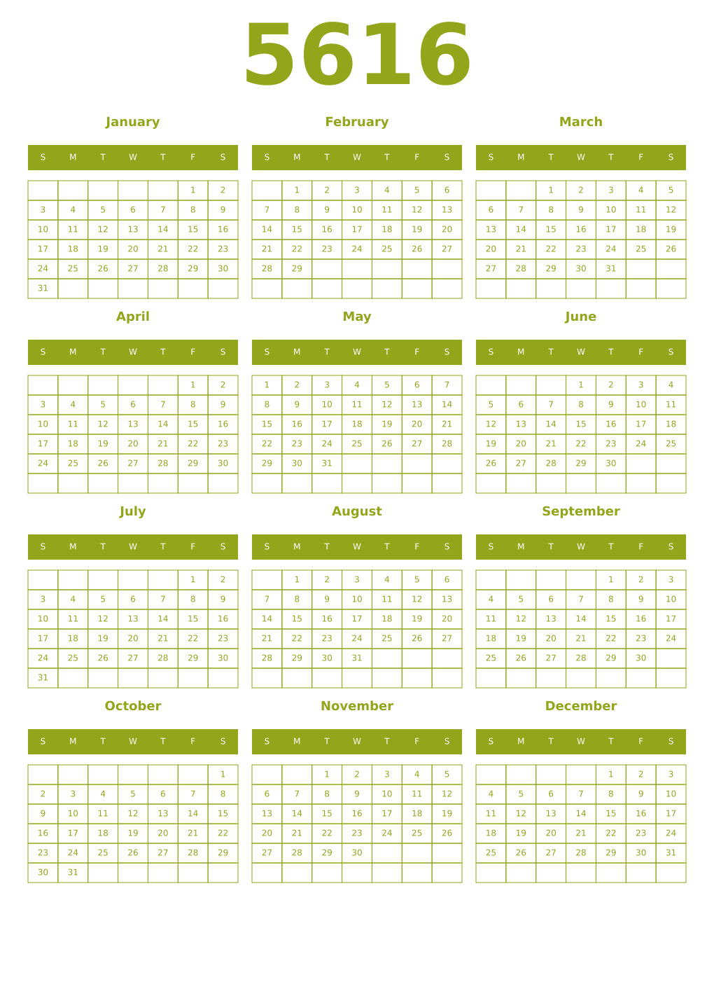 Printable 5616 Year Calendars chartreuse