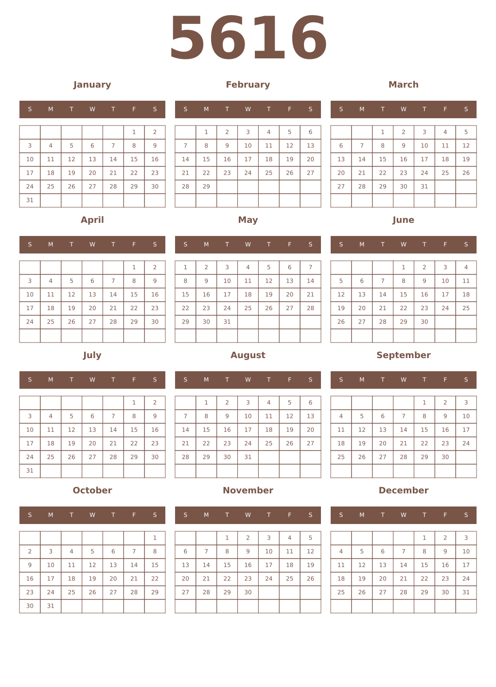 Printable 5616 Year Calendars coffe