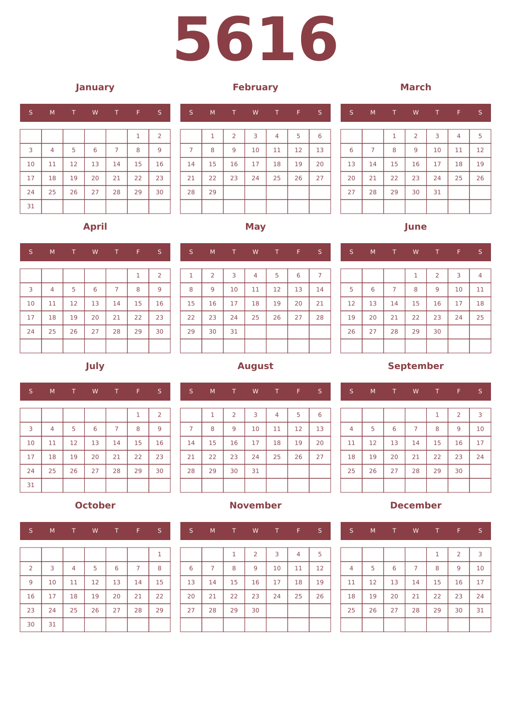Printable 5616 Year Calendars cordovan