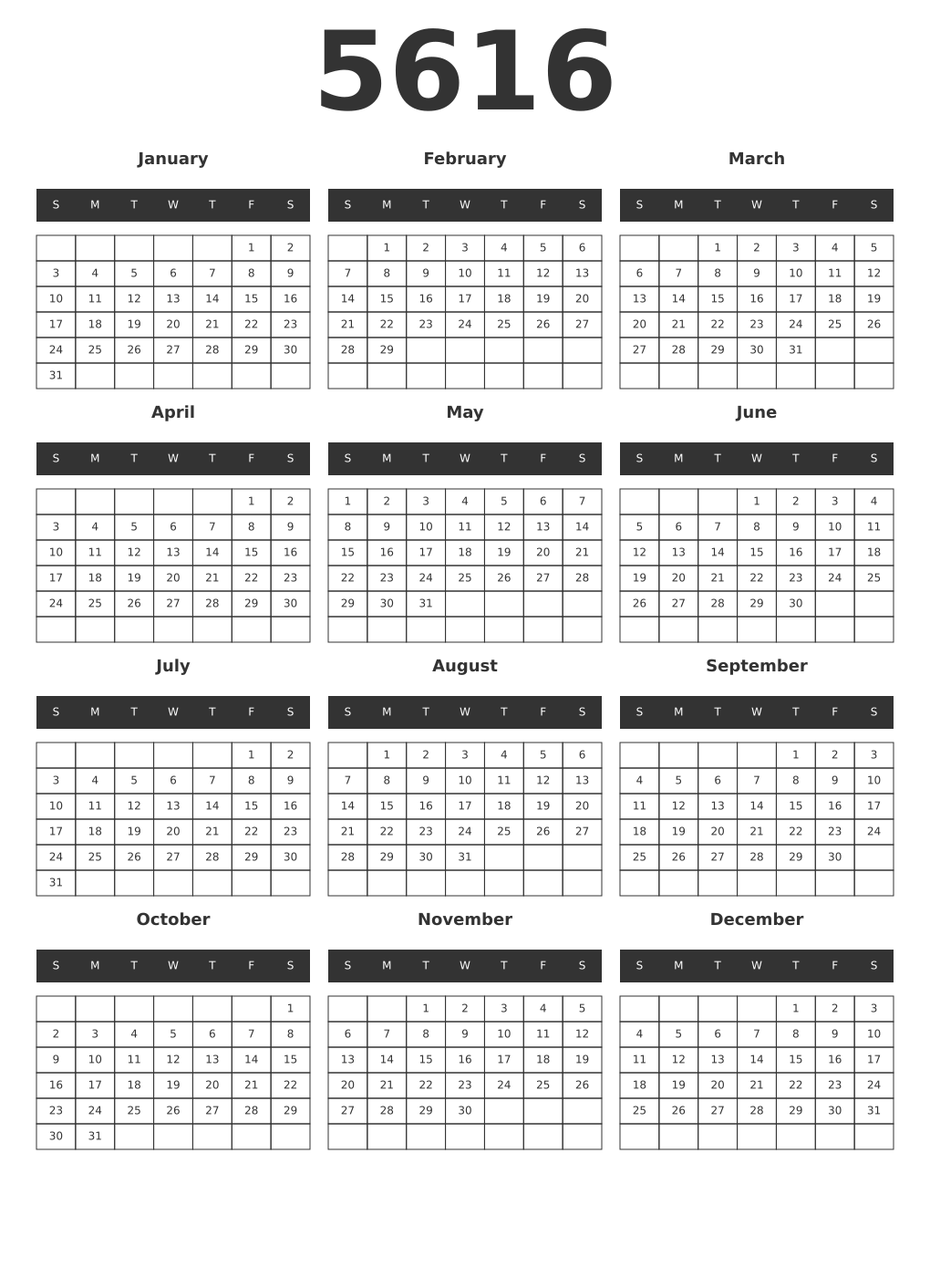 Printable 5616 Year Calendars dark
