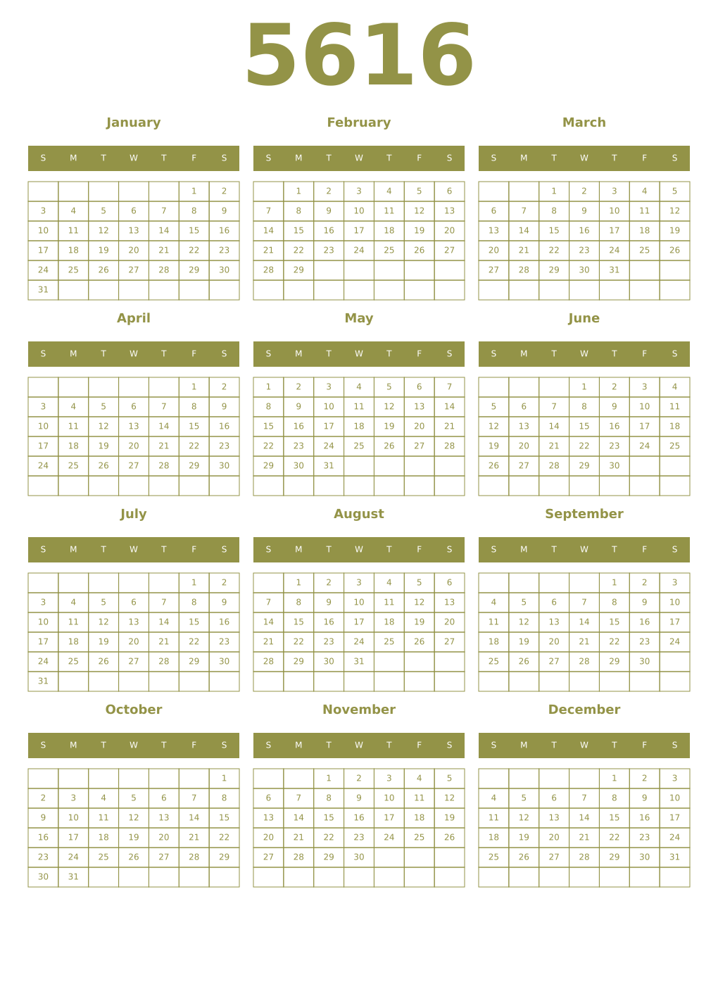 Printable 5616 Year Calendars eburnean