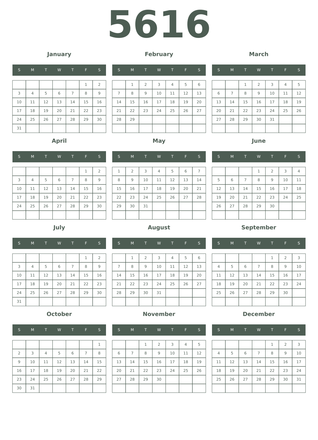 Printable 5616 Year Calendars feldgrau