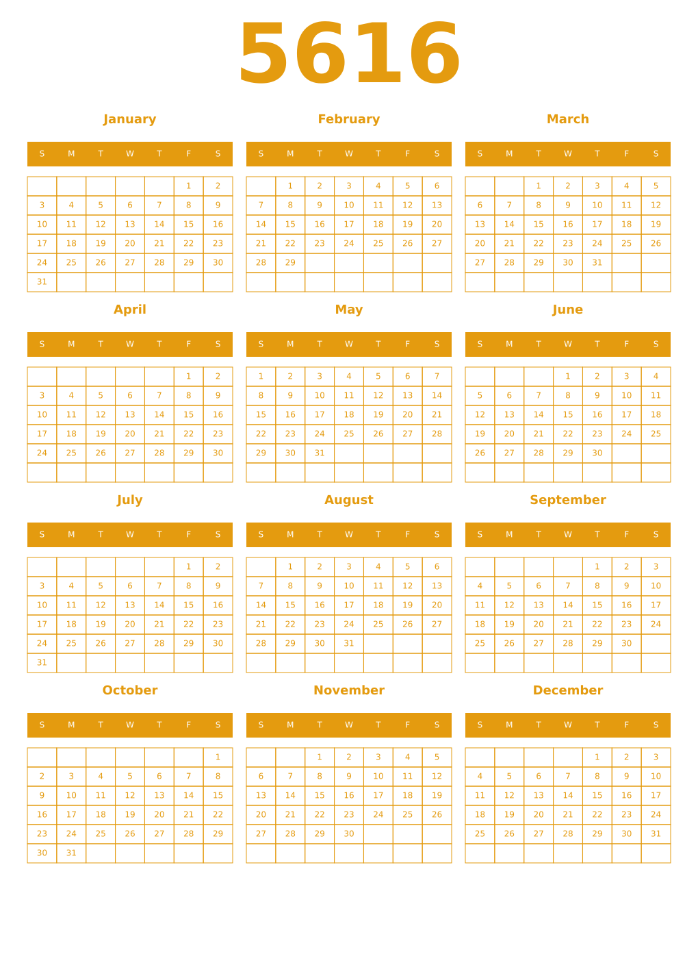 Printable 5616 Year Calendars gamboge
