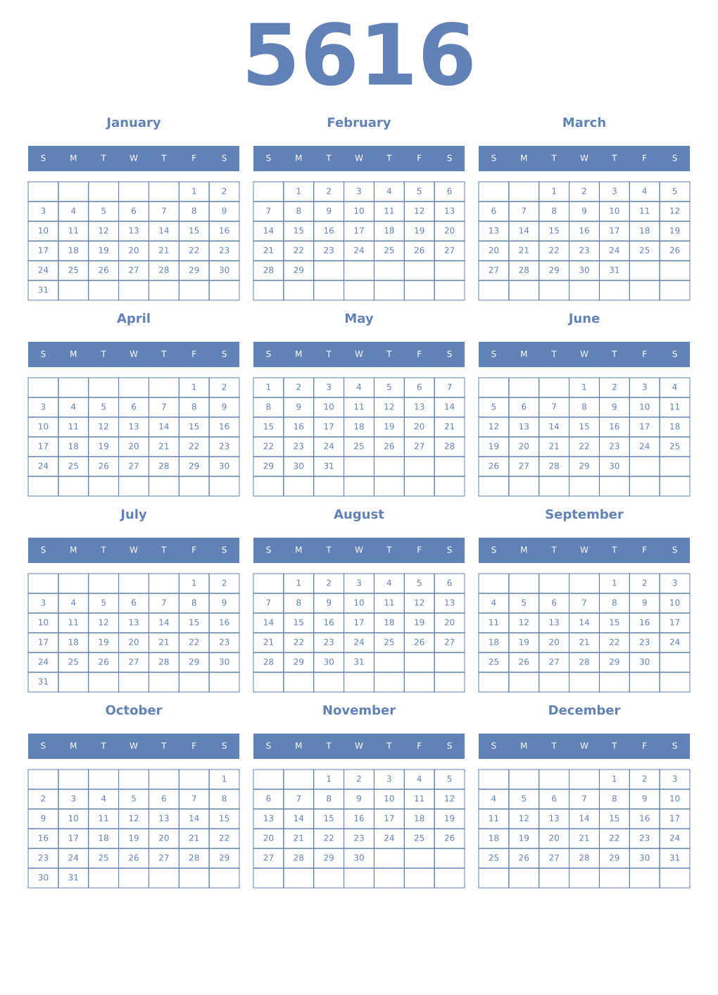 Printable 5616 Year Calendars glaucous