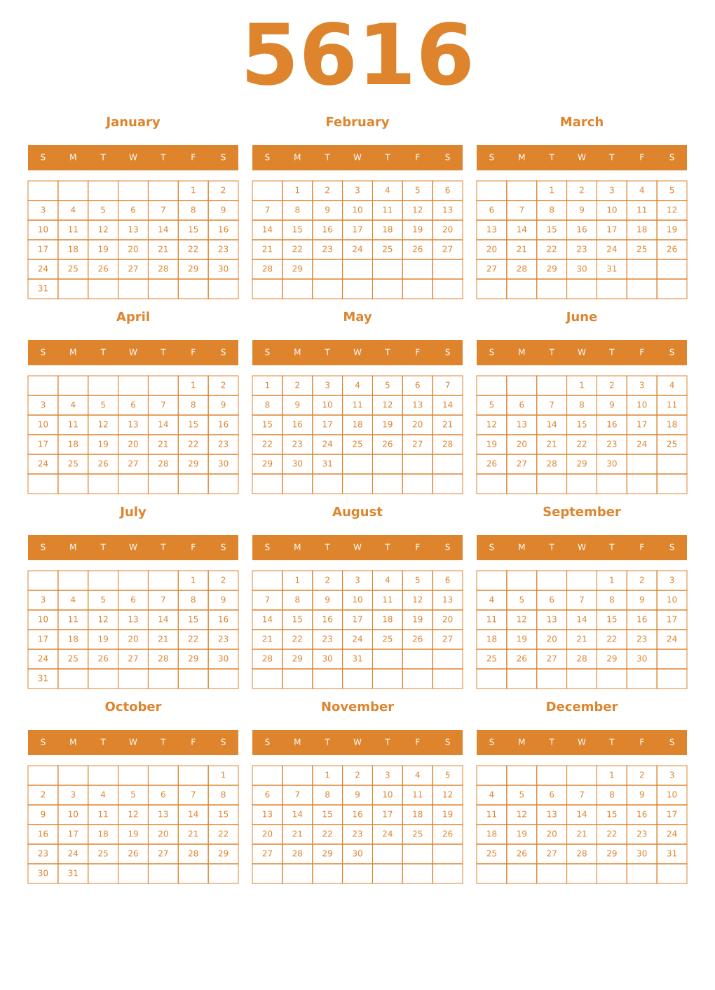 Printable 5616 Year Calendars orange