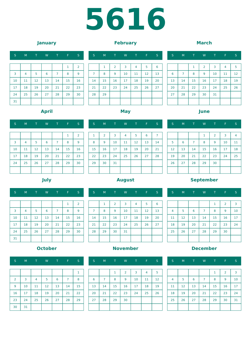 Printable 5616 Year Calendars pastel