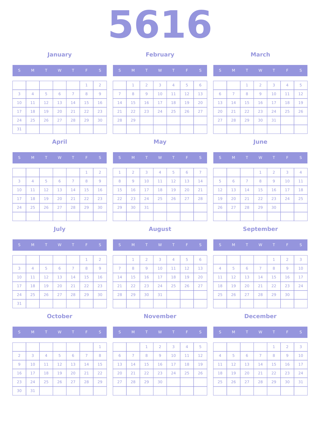 Printable 5616 Year Calendars periwinkle