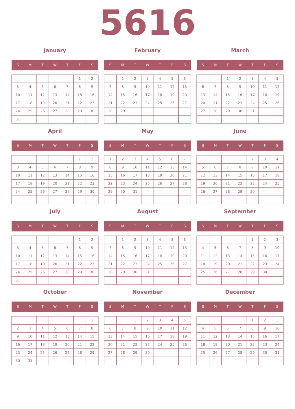 Printable 5616 Year Calendars puce