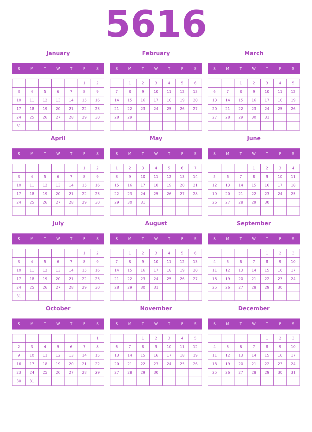 Printable 5616 Year Calendars purple