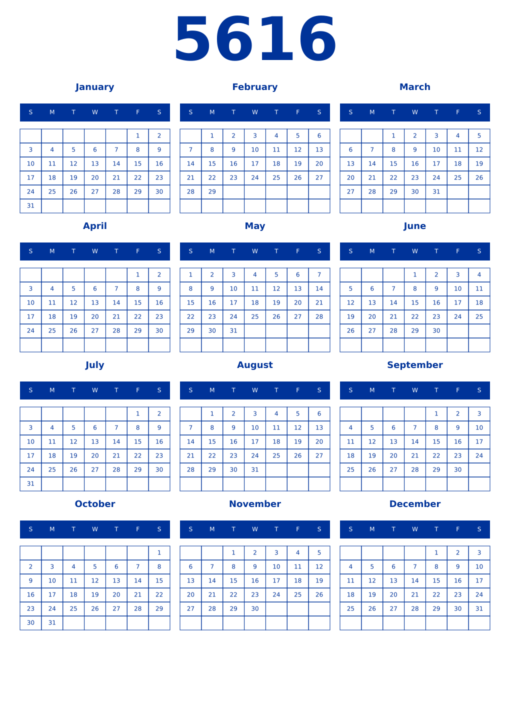 Printable 5616 Year Calendars smalt