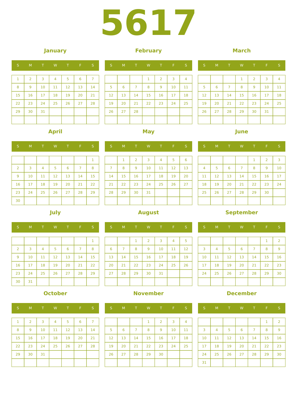 Printable 5617 Year Calendars chartreuse
