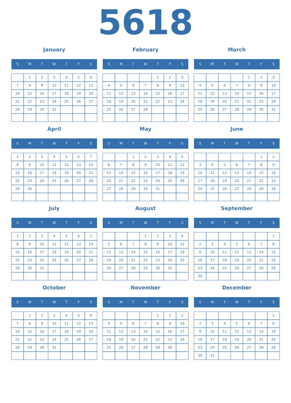 Printable 5618 Year Calendars blue