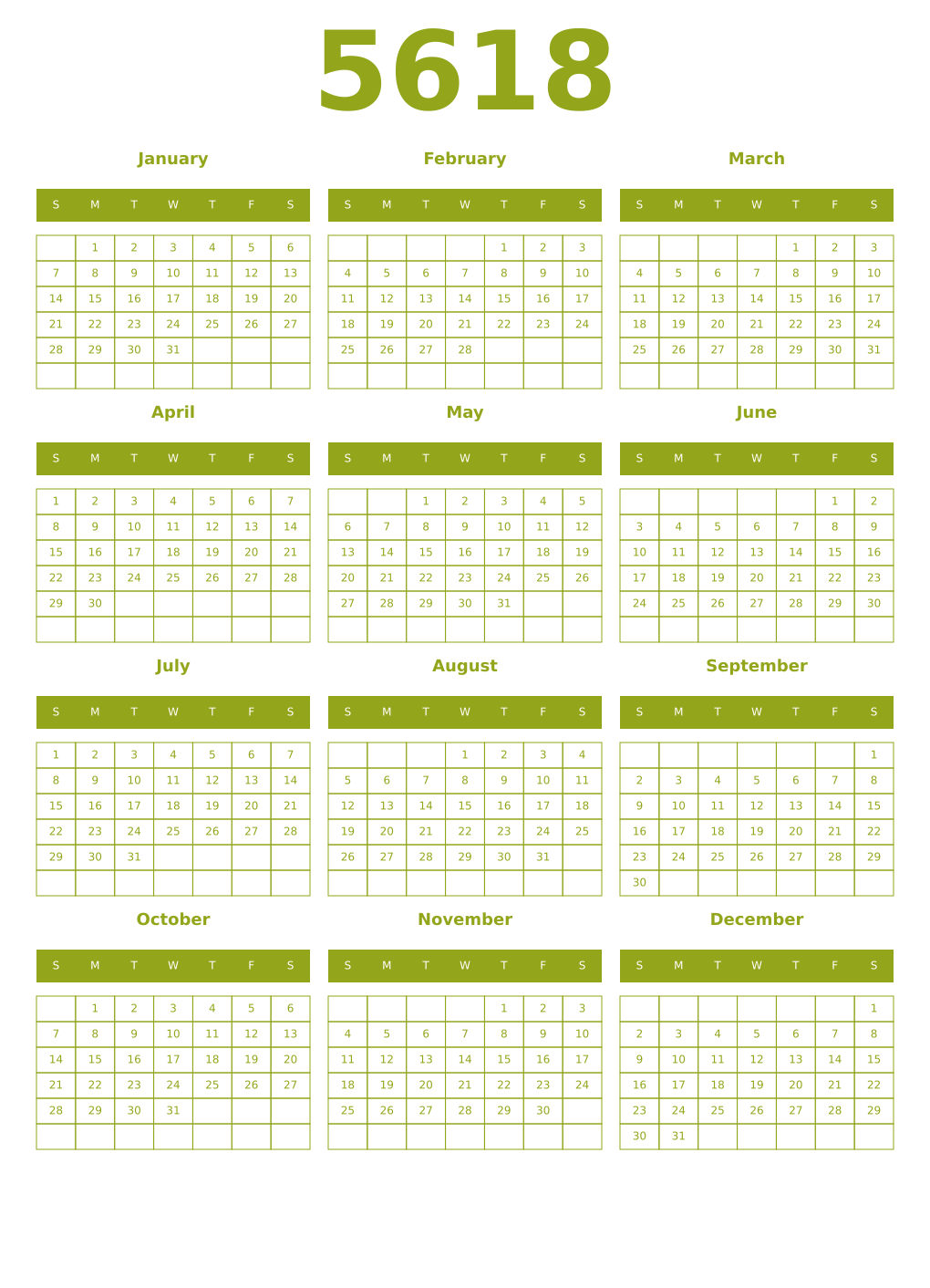 Printable 5618 Year Calendars chartreuse